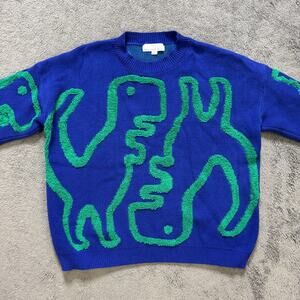 Threaded Leaf Dinosaur Knit Sweater Blue Pullover Womens S